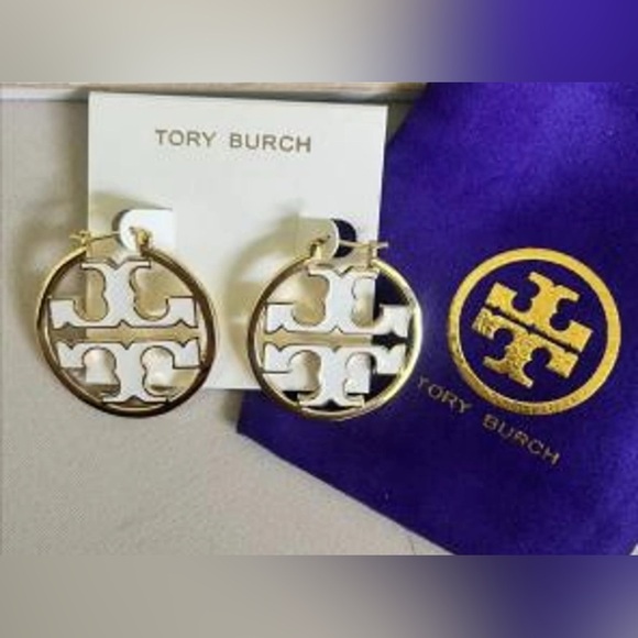 Tory Burch Miller Gold and White Enamel Hoop Earrings NWT - Picture 3 of 3